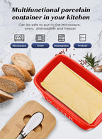 Butter Dish with Lid: Large Butter Container for Countertop - Ceramic Butter Holder for Counter - Butter Tray Butter Keeper with Knife and Sponge Scrubber - Perfect for 2 Sticks of Butter Red