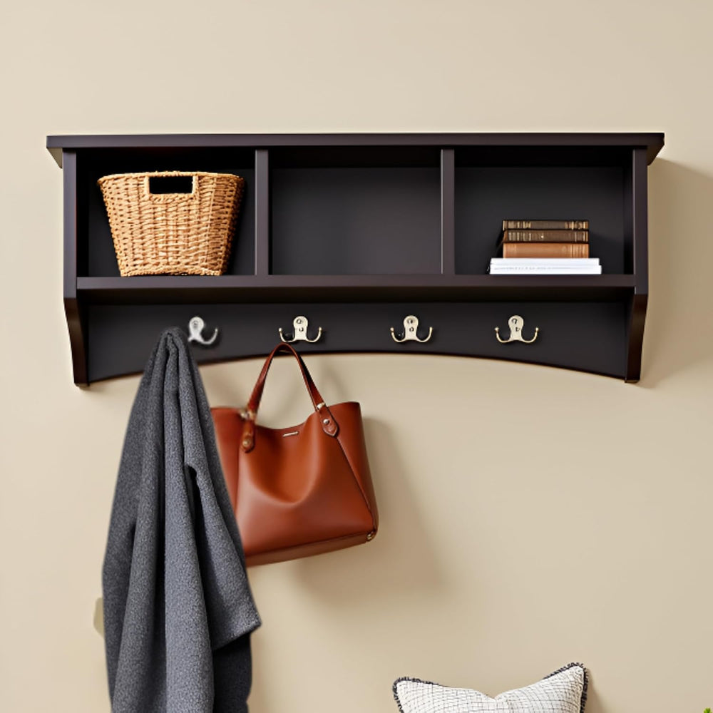 Alaterre Shaker Cottage Wall-Mounted Coat Rack with Cubbies, Chocolate, 36”