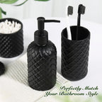 Matte Black Bathroom Accessories Set, 4 Pack Black Bath Accessory Sets Complete, Diamond Glass Soap Dispenser and Toothbrush Holder Set for Countertop, Gothic Decor Organizer Essentials