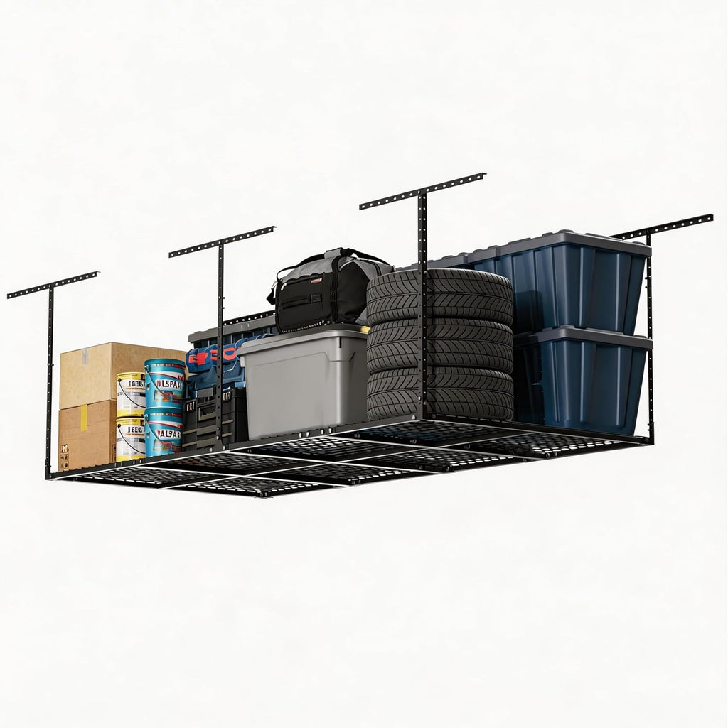 YOHKOH 4x8 Ft Overhead Garage Storage Rack, Adjustable Height, Heavy-Duty Garage Ceiling Storage Racks, 700lbs, Black, 4-Panel System