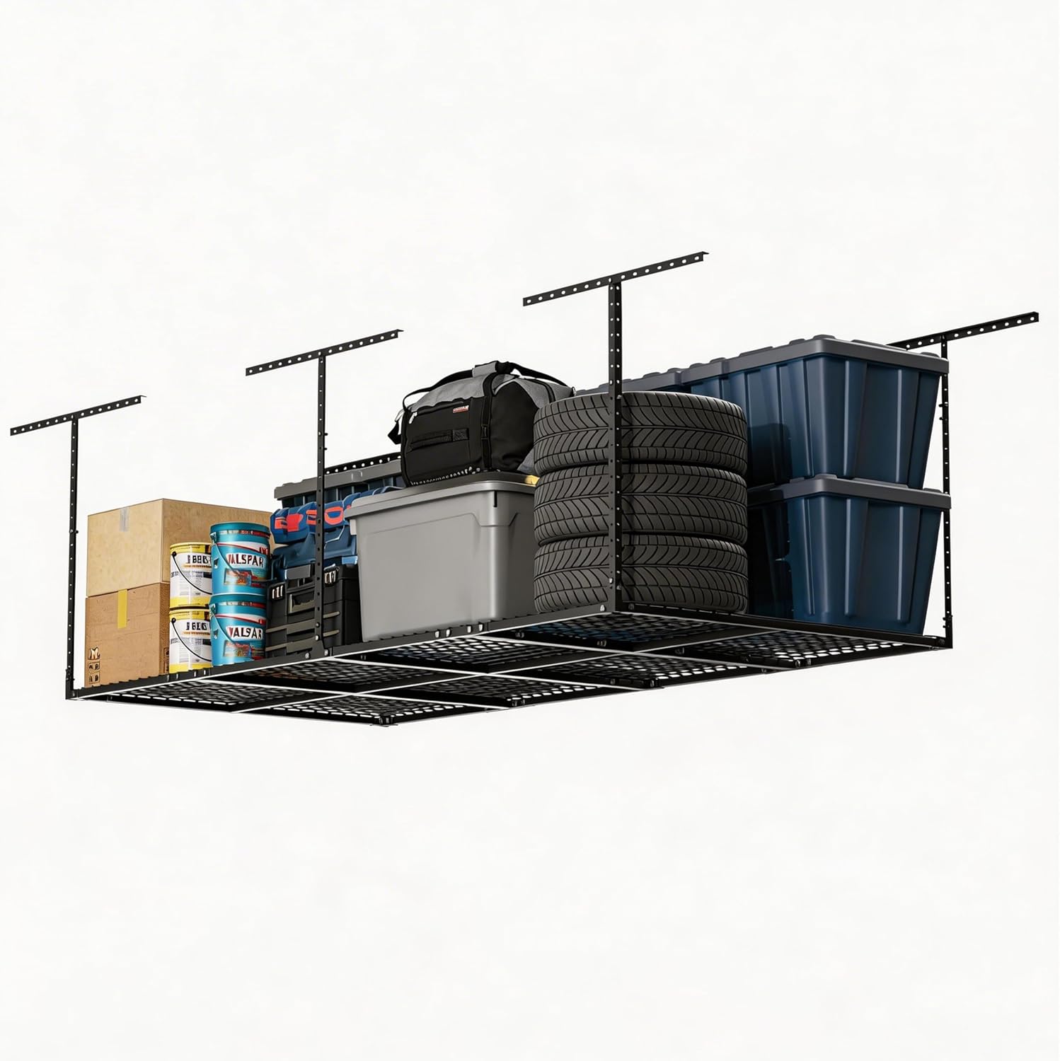 YOHKOH 4x8 Ft Overhead Garage Storage Rack, Adjustable Height, Heavy-Duty Garage Ceiling Storage Racks, 700lbs, Black, 4-Panel System
