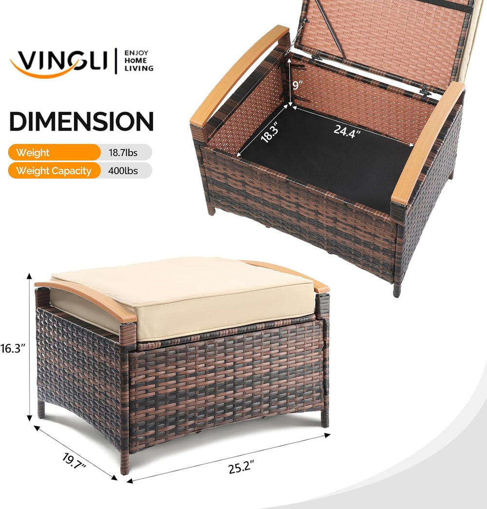 VINGLI 2 Pieces Rattan Ottoman with Storage, Wicker Patio Furniture w/Removab...