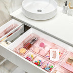 14 Pcs Adjustable Clear Drawer Organizer, Extendable Vanity Storage Bins, Desk Drawer Organizer Set for Makeup, Cosmetics, Bedroom, and Gadgets, Pink