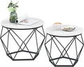 VASAGLE Small Coffee Table Set of 2, Round Coffee Table with Steel Frame, Side End Table for Living Room, Bedroom, Office, Marble White and Ink Black