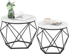 VASAGLE Small Coffee Table Set of 2, Round Coffee Table with Steel Frame, Side End Table for Living Room, Bedroom, Office, Marble White and Ink Black