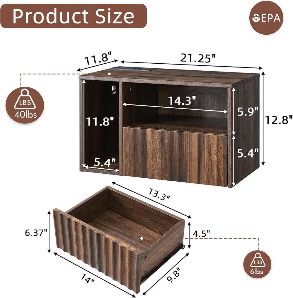 BuildHom Floating Nightstand Set of 2 with Charging Station, Walnut | Wall Mo...