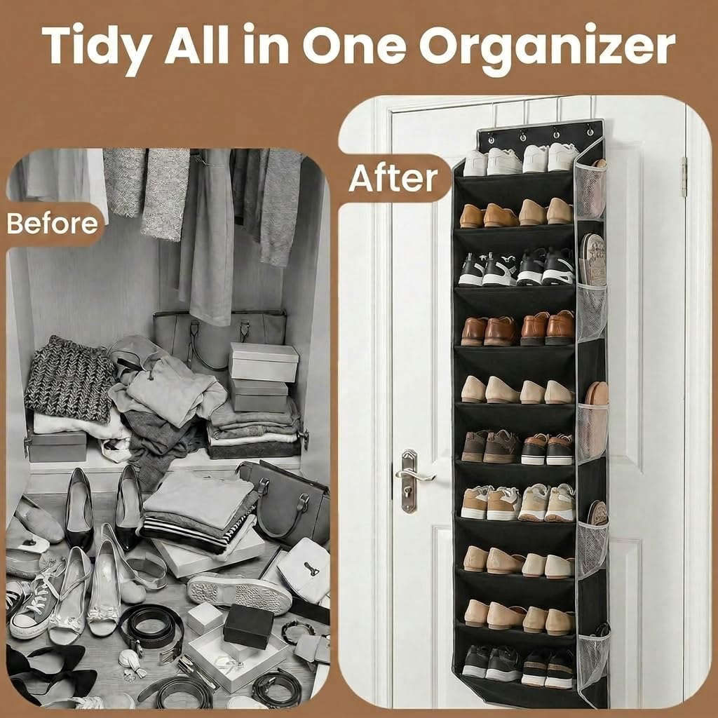 10-Tier Over The Door Organizer with 4 Anti-Scratch Silicone Hooks & 10 Side Pockets, Hanging Shoe Organizer for Closet (20 Pairs), Behind the Door Storage
