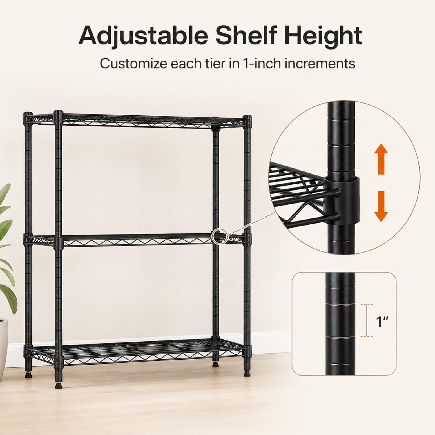 3-Tier Metal Wire Shelving Unit, Heavy Duty Adjustable Storage Rack for Laundry Room, Pantry, Kitchen, Garage Organization and Storage, Small Space Shelves (Black, 23"L × 13.2"W × 30.2"H)