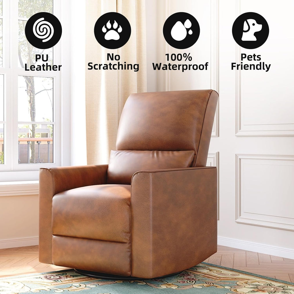 GAOMON Swivel Rocking Recliner Chair, Manual Leather Recliner Glider with | Lumbar Support & Padded Armrest, Comfortable Rocker Nursery Single Sofa for Living Room and Bedroom (Brown)