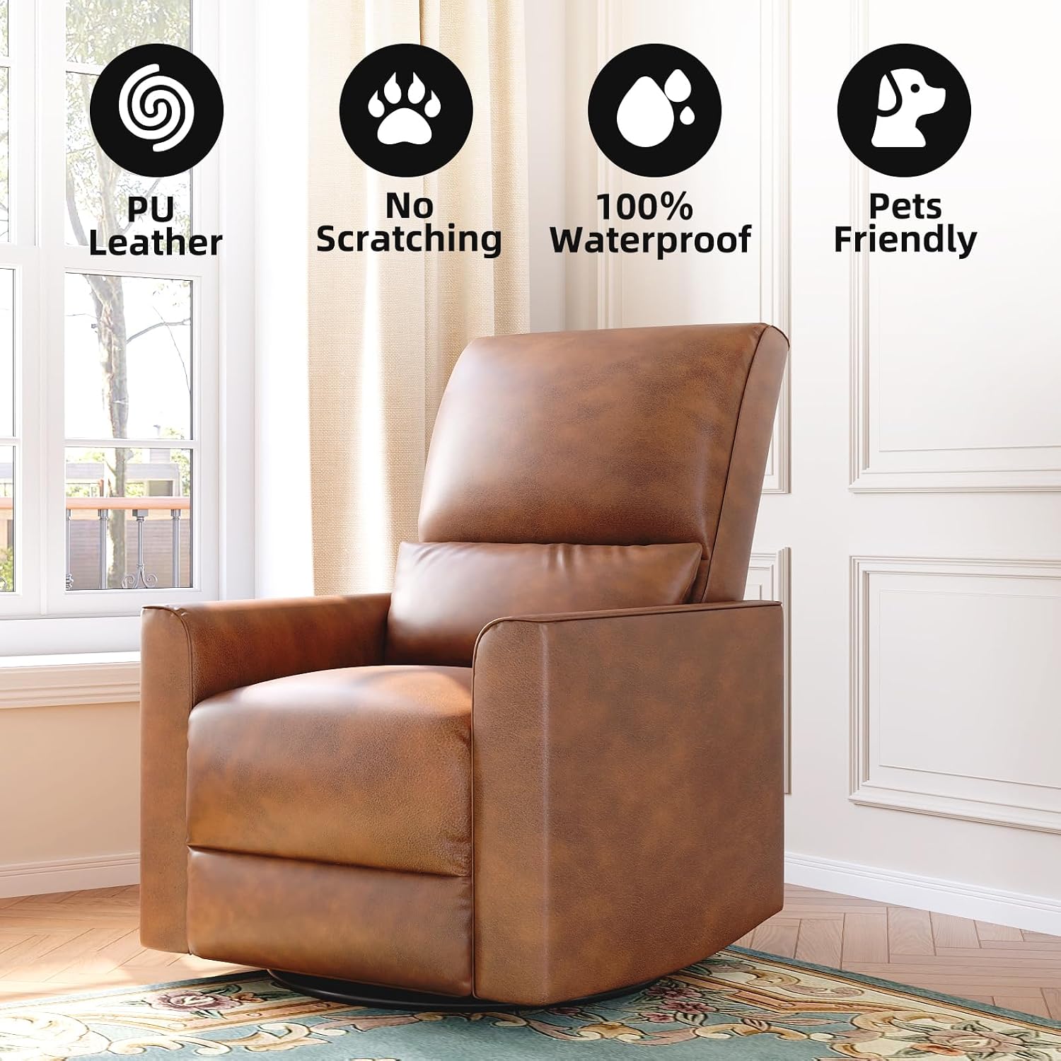 GAOMON Swivel Rocking Recliner Chair, Manual Leather Recliner Glider with | Lumbar Support & Padded Armrest, Comfortable Rocker Nursery Single Sofa for Living Room and Bedroom (Brown)