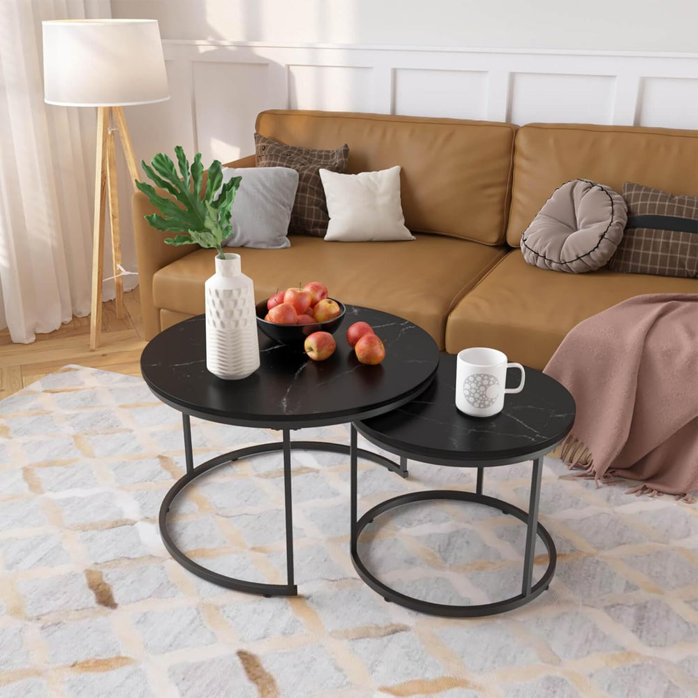 Nesting Coffee Table Set of 2, Round Nesting Tables with Marble-Look Top and ...