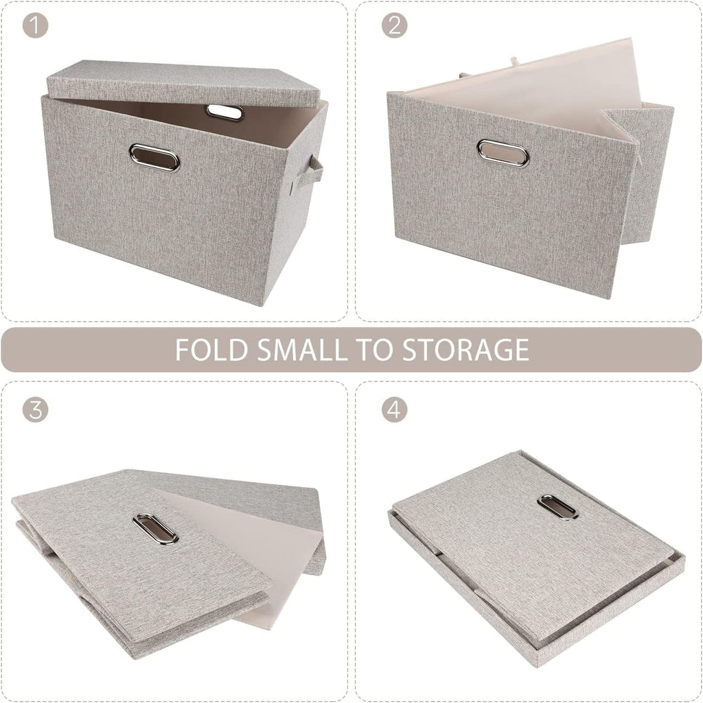 Large 17" 36 Quart Collapsible Stackable Storage Bins with Lids, 5 Packs Beige Linen Fabric Closet Boxes with Lids, Storage Cube Baskets Container Organizers for Bedroom Office(17 x12 x11)