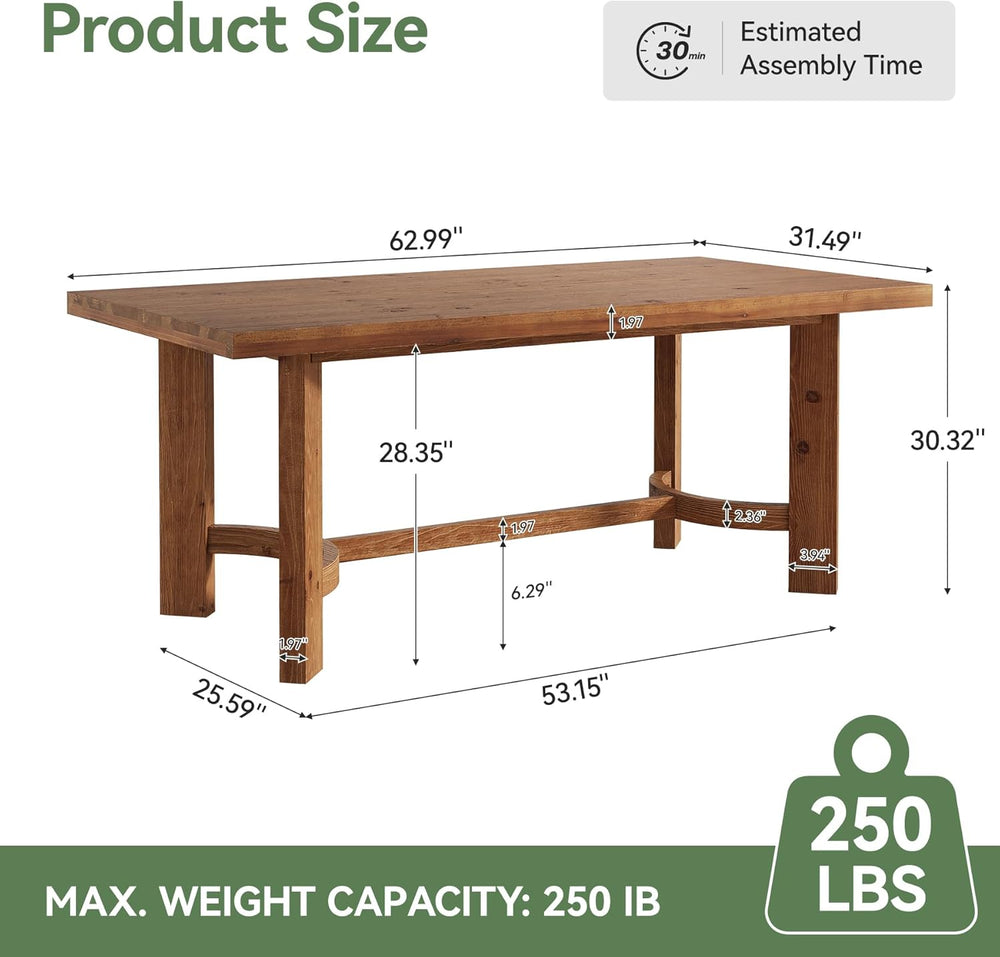 63" Solid Wood Dining Table for 4-6, Farmhouse Rectangle Kitchen Table w...