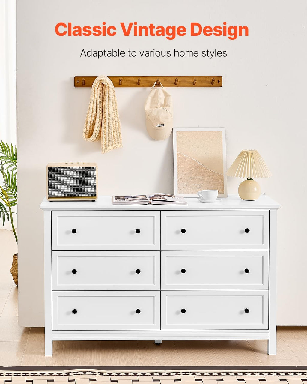VEVOR 6 Drawer White Dresser, Wood Dresser Chest of Drawers with Middle Sliding Leg, Closet Storage Clothes Organizer for Bedroom, Living Room, Hallway, Entryway, Wide Drawer with Metal Handles