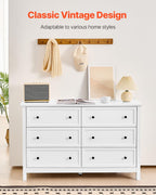 VEVOR 6 Drawer White Dresser, Wood Dresser Chest of Drawers with Middle Sliding Leg, Closet Storage Clothes Organizer for Bedroom, Living Room, Hallway, Entryway, Wide Drawer with Metal Handles