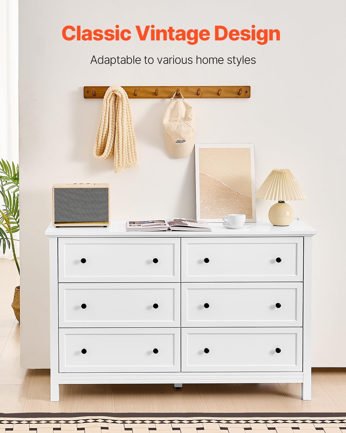 VEVOR 6 Drawer White Dresser, Wood Dresser Chest of Drawers with Middle Sliding Leg, Closet Storage Clothes Organizer for Bedroom, Living Room, Hallway, Entryway, Wide Drawer with Metal Handles