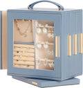 Homde Christmas Gifts Jewelry Box 360° Rotating, Necklace Earring Organizer with Transparent Window, Mirror, 7 Drawers, Large Ring Display Storage Case for Girls Women (Grey Blue)