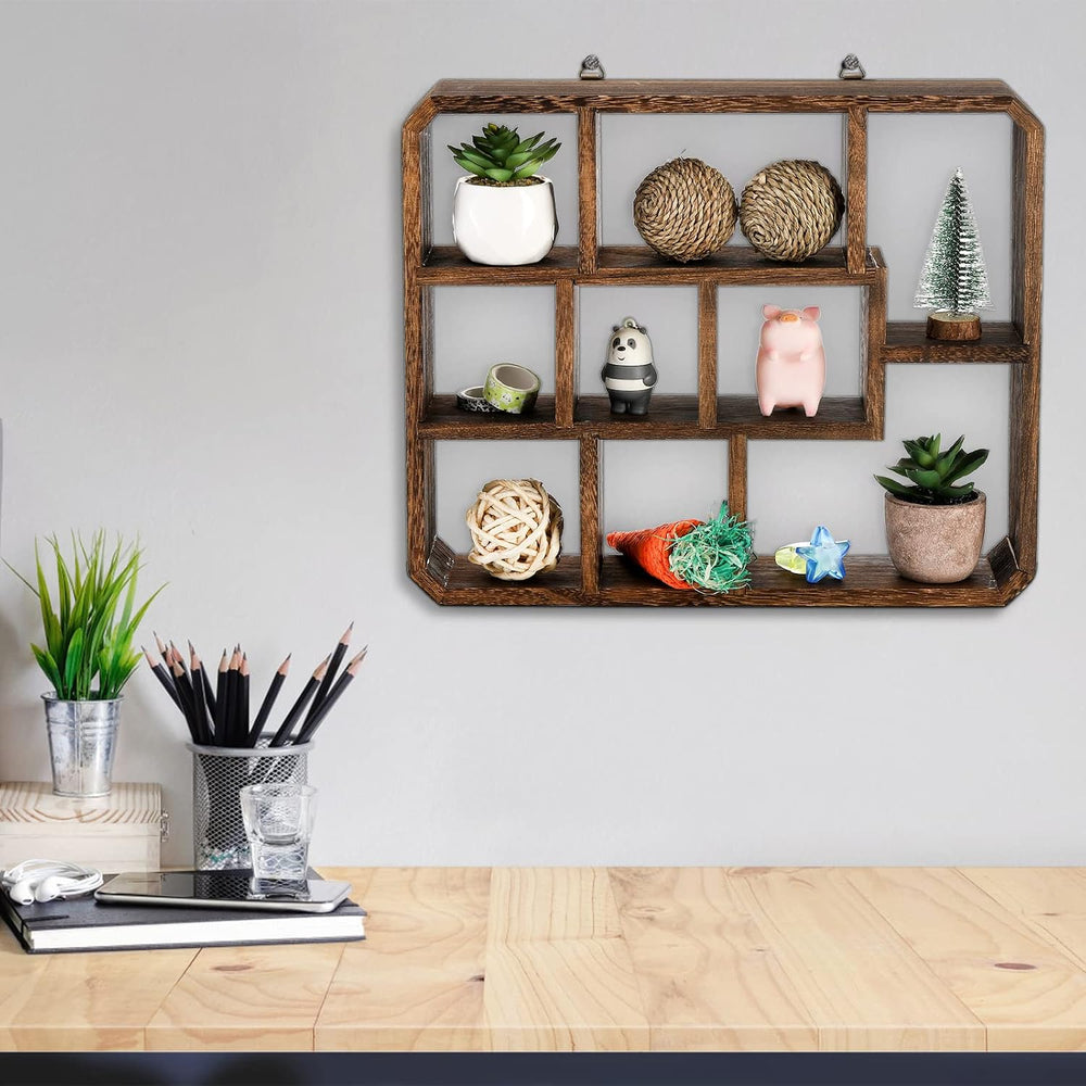 Frcctre Rustic Shadow Box Display Shelf, 9 Compartments Wood Hanging Display ...