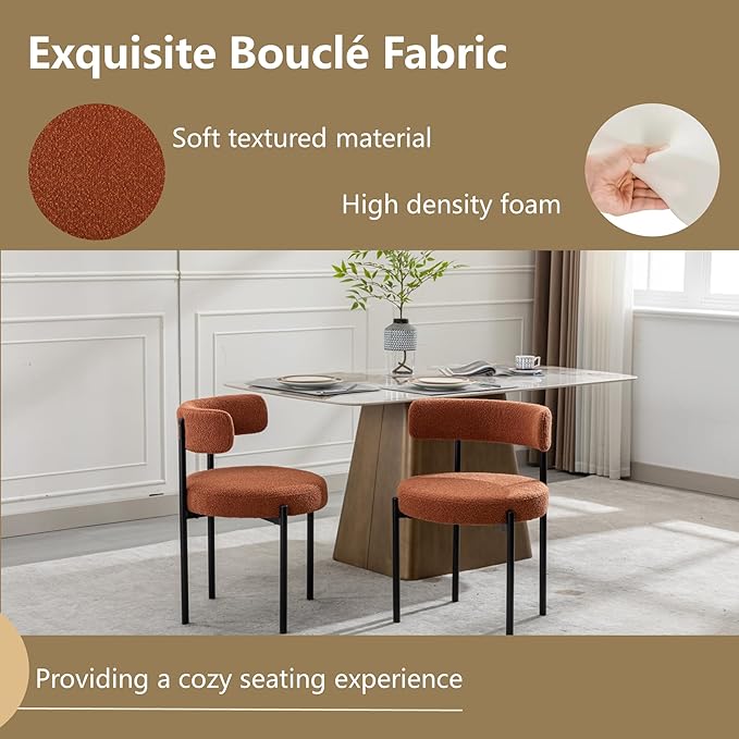 Boucle Dining Chairs Set of 6, Rust Dining Chairs with Upholstered Seat and Round Back, Mid-Century Modern Kitchen Chairs for Dining Room, Restaurant