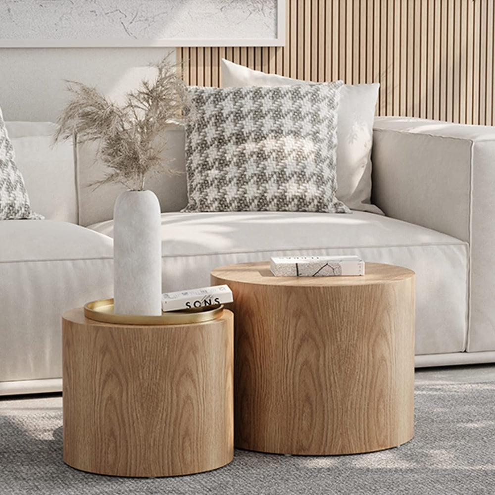Black Round Nesting Coffee Table Set of 2, Modern Wood Side Table Full Assemb...