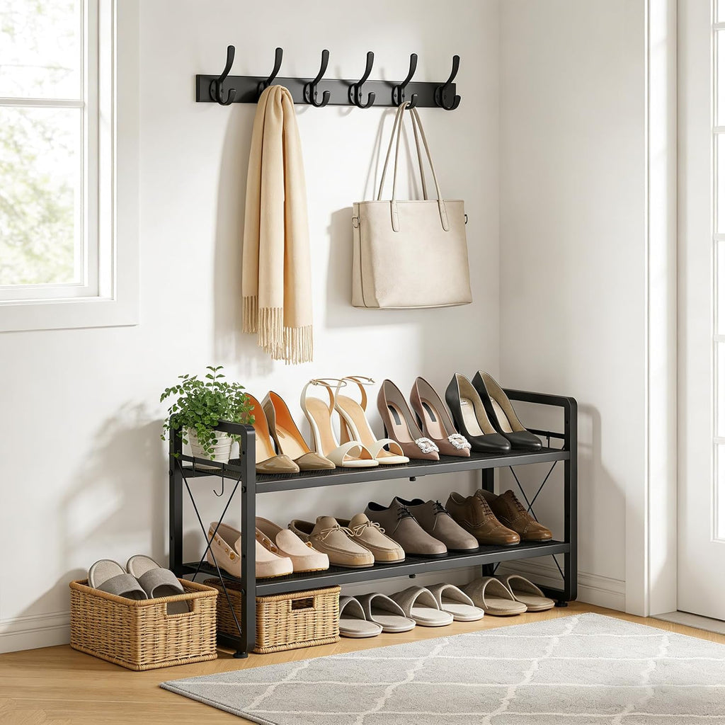 ELYKEN Expandable Shoe Rack for Closet, 2-Tier Metal Black Shoe Organizer | Adjustable Height Shoe Shelf for Boots, Heels, with 4 Hooks, Stackable Shoe Stand Holder for Entryway, Garage, Door Entrance