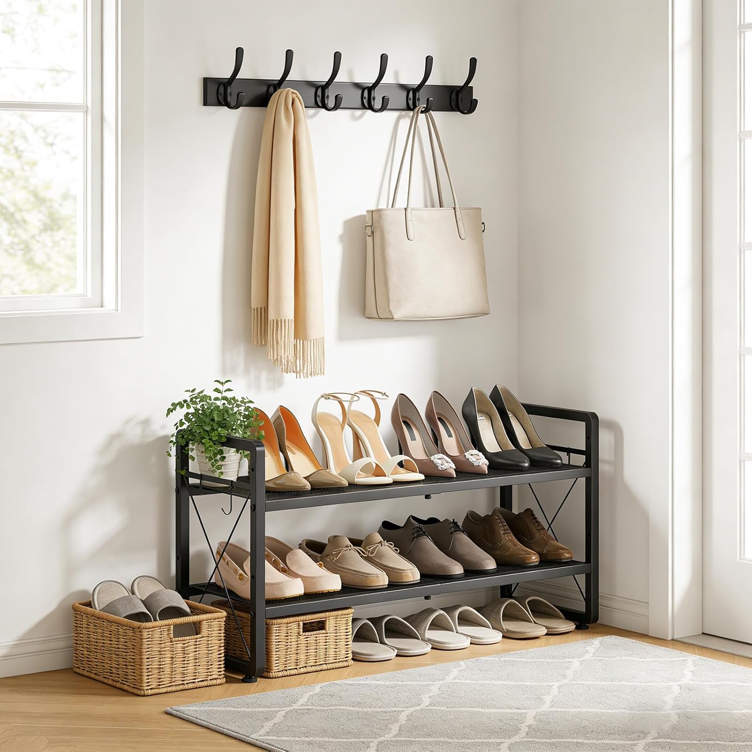 ELYKEN Expandable Shoe Rack for Closet, 2-Tier Metal Black Shoe Organizer | Adjustable Height Shoe Shelf for Boots, Heels, with 4 Hooks, Stackable Shoe Stand Holder for Entryway, Garage, Door Entrance