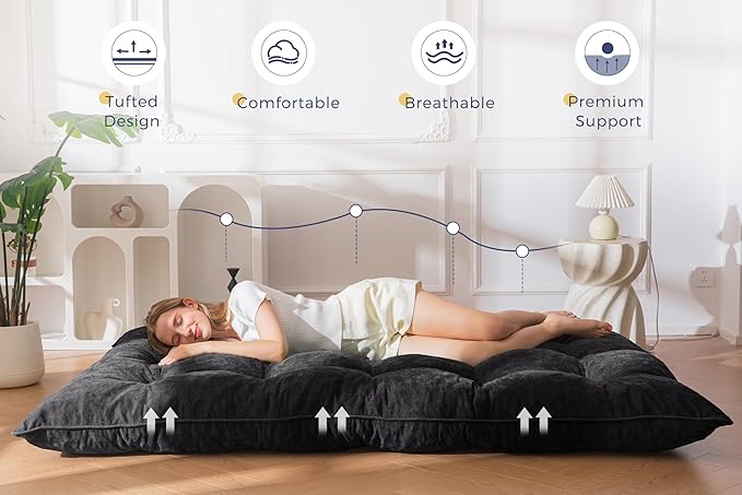 MAXYOYO Japanese Floor Mattress Full Size, 6" Foldable Futon Mattress Tufted Roll Up Floor Bed, Thick Chenille Tatami Mat Sleeping Pad for Camping Guest Room Dormitory Bedroom RV, Black