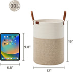 VIPOSCO Small Laundry Basket, Slim Baby Hamper with Leather Handle, Cute Woven Rope Storage Basket for Blanket, Kids Toy, Clothes In Living Room, Bathroom, Bedroom, Nursery Room - 30L White & Brown