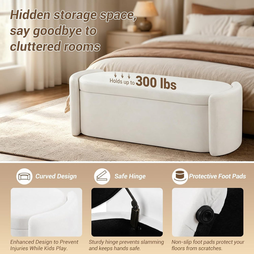 Oval White Velvet Storage Ottoman Bench, 48.8" | Velvet Upholstered Otto...