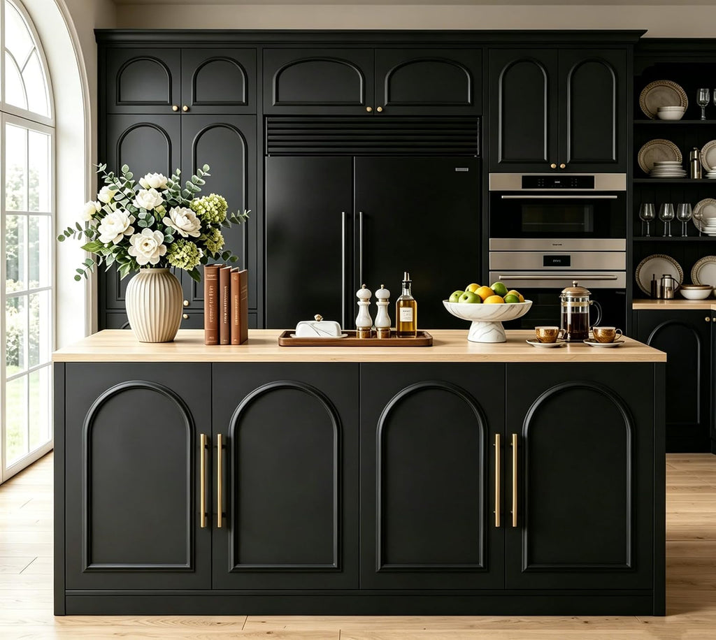 Large Kitchen Island, 63" L Kitchen Island Table with Power Outlet | Wooden Island Bar Table with 4 Arch Doors Kitchen Island with Storage Cabinet & Seating Room for Dining Room, Home Bar, Black