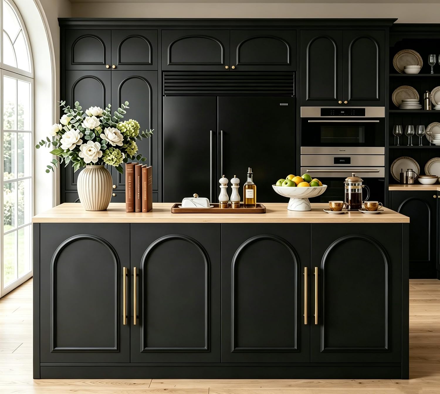 Large Kitchen Island, 63" L Kitchen Island Table with Power Outlet | Wooden Island Bar Table with 4 Arch Doors Kitchen Island with Storage Cabinet & Seating Room for Dining Room, Home Bar, Black