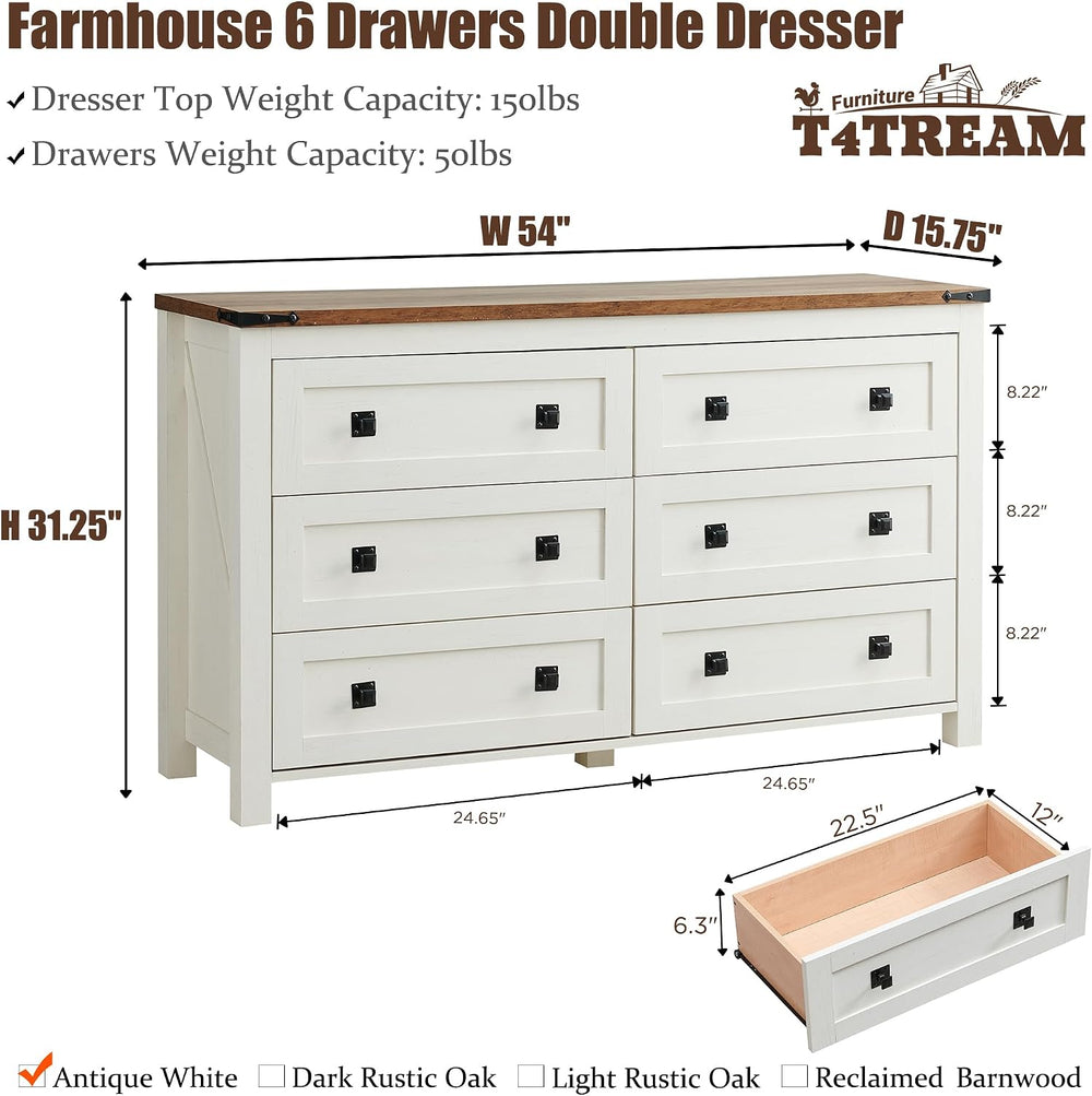 T4TREAM 54" Wide Farmhouse 6-Drawer Dresser for Bedroom, Antique White