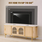 MXV 70" Fluted TV Stand for TVs up to 80", Mid Century Modern Entertainment Center with Sliding Doors & Glass Door, TV Console Table with Faux Marble Top for Living Room, Oak