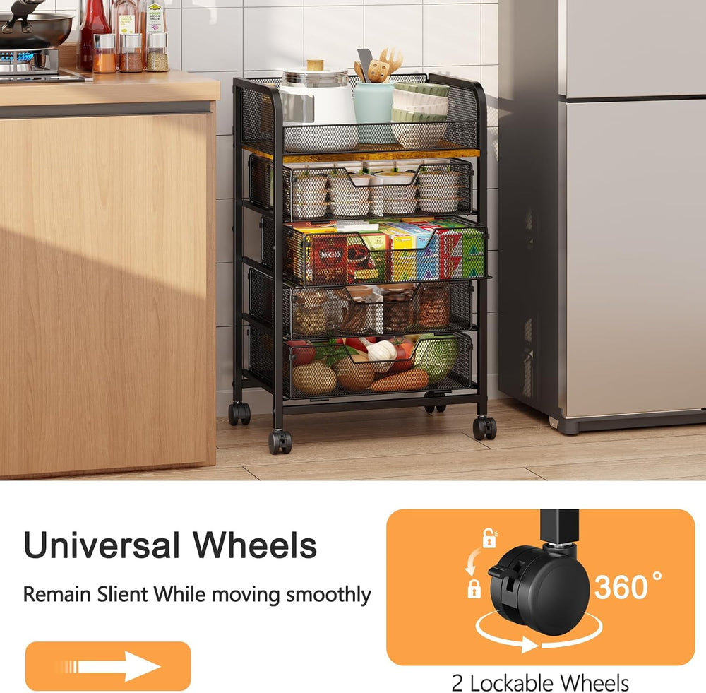 5-Tier Rolling Kitchen Cart with Drawers - Kitchen Storage Cart on Wheels,Pan...