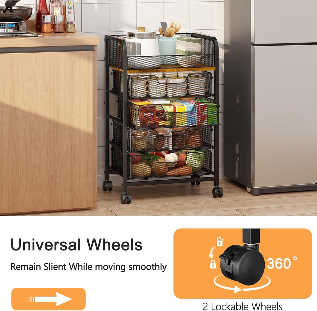 5-Tier Rolling Kitchen Cart with Drawers - Kitchen Storage Cart on Wheels,Pantry Snack Cart,Fruit and Vegetable Storage Cart with Wood Top,Rolling Utility Cart for Potato and Onion Storage