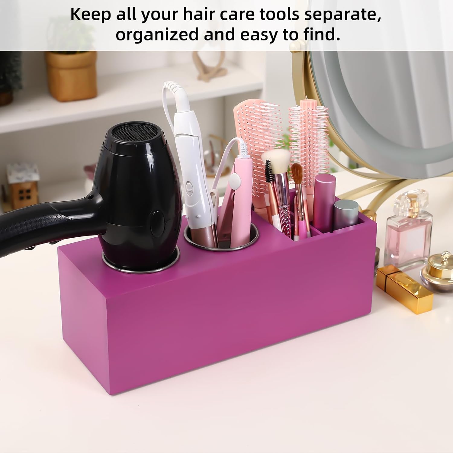 Hair Dryer Countertop Holder, Hair Tool Organizer Wall Mount, Blow Dryer Holder Cabinet Door Organizer, Bathroom Countertop Blow Dryer Holder and Curling Iron Holder (Cedar Wood, Rose Red)