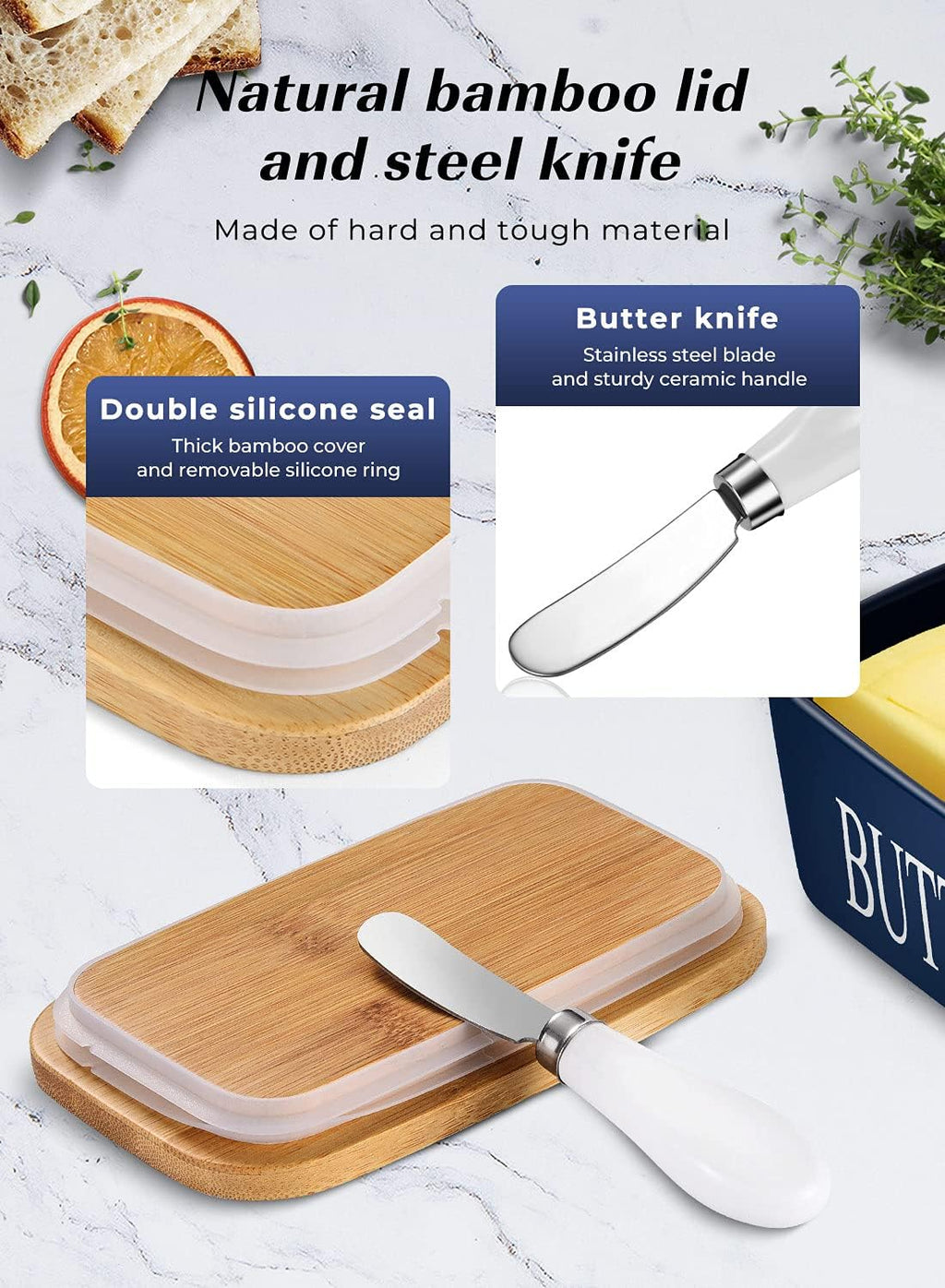 Butter Dish with Lid: Large Butter Container for Countertop - Ceramic Butter Holder for Counter - Butter Tray Butter Keeper with Knife and Sponge Scrubber - Perfect for 2 Sticks of Butter Blue