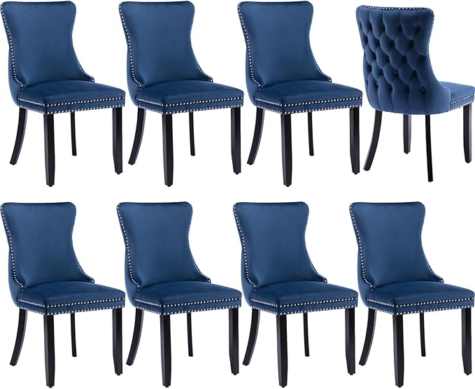 Modern Dining Chairs Set of 8, Upholstered Dining Chair with Full Back and Button Tufting, Blue Velvet Accent Chair, Sillas de Comedor, Kitchen & Dining Room Chairs (Blue, Velvet, 8Pcs)