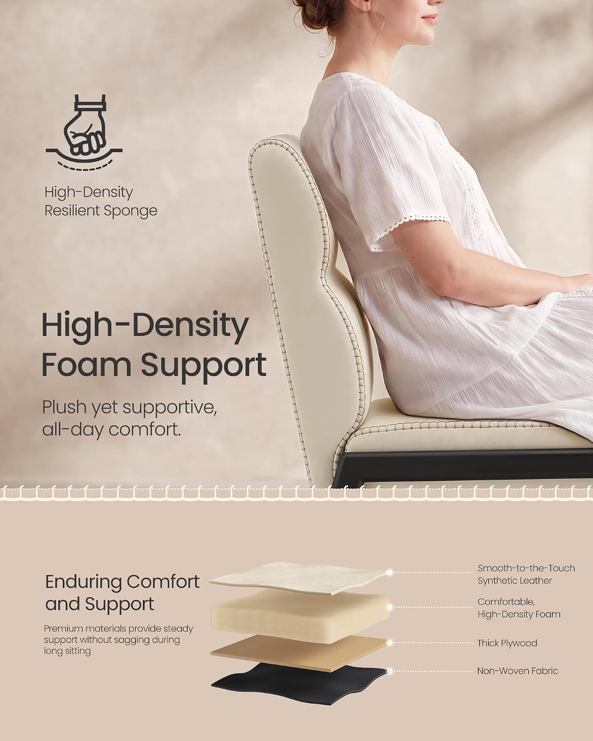 VASAGLE Dining Chairs Set of 2, Upholstered Kitchen Chairs, for Dining Room, Cream White, EKHO Collection UKDC162W101