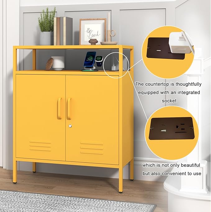 Multifunctional Lockable Storage Cabinet, 3-Tier Side Cabinet with Power Strip & USB Ports, Adjustable Shelf, for Living Room, Home, Office, Yellow 33" H X 29.5" W X 13.8" D