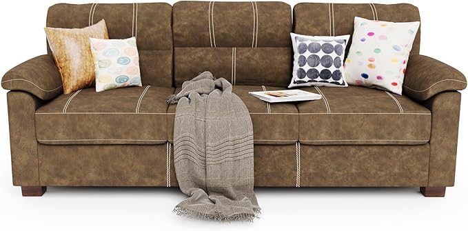 80 Inch Brown Faux Leather Sofa Couch - Wide Armrests with 2 Pillows, Deep Seats, Contrast Stitching, 3 Seater Leather Couches for Living Room, Bedroom, Apartment