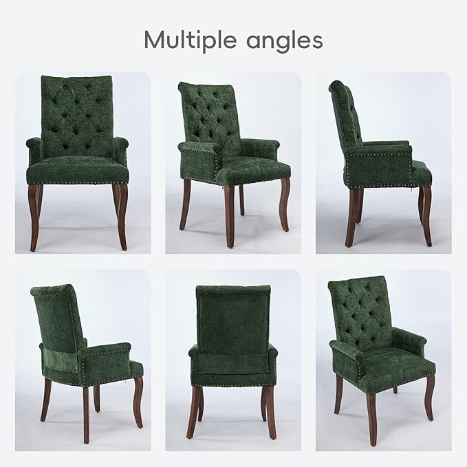 Upholstered Tufted Chenille Dining Chairs with Arms & Nailhead Trim – Sol...