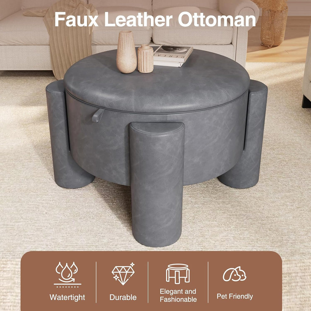 FiveWillowise 24 Inch Round Small Ottoman with Storage,Faux Leather | 24&quot...
