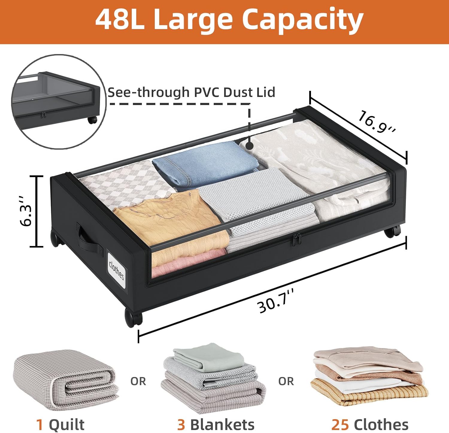Somdot Under Bed Storage with Wheels, 2 Pack Bed Storage Containers with Dividers & Clear Lids,Easy Pull-out Metal Drawer for Clothes, Shoes,Toys, Blankets (Black)