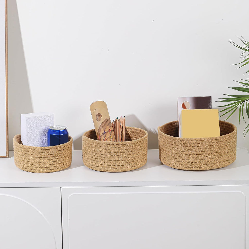 Small Basket Cotton Rope Woven Baskets for Organizing Cute Mini Tiny Baskets for Nursery Decorative Boho Round Storage Bathroom Organization Bin Open Storage Bins (Brown)