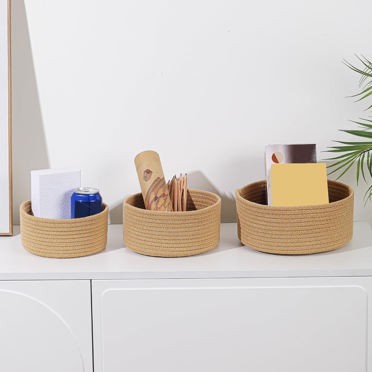 Small Basket Cotton Rope Woven Baskets for Organizing Cute Mini Tiny Baskets for Nursery Decorative Boho Round Storage Bathroom Organization Bin Open Storage Bins (Brown)
