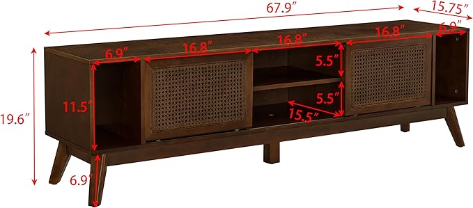 Ball & Cast 68" Mid Century Modern TV Stand for TVs up to 75", Media Console with Rattan Sliding Doors, Open Shelves & Solid Wood Legs, Entertainment Center for Living Room,Bedroom,Walnut