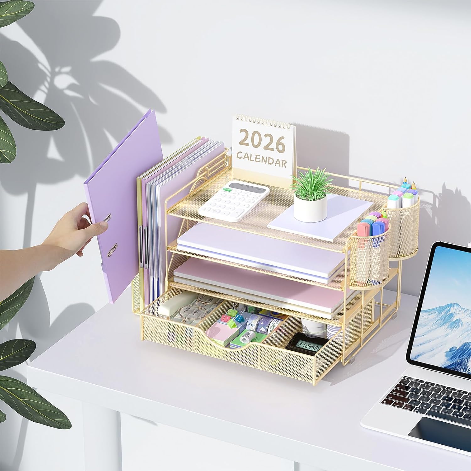 gianotter Desk Organizers and Accessories with File Holder, 4-Tier Desk Accessories & Workspace Organizers with Drawer and 2 Pen Holder, Paper Organizer for Office Supplies(Gold)