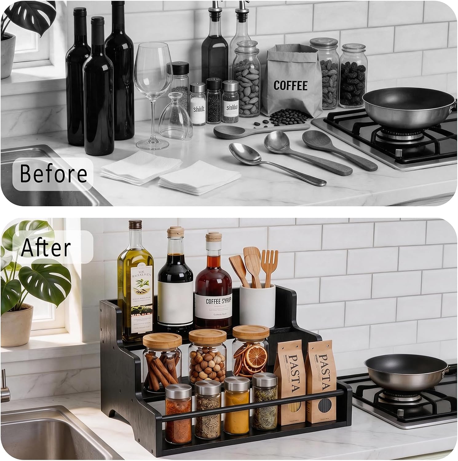 Mufico Bamboo Liquor Bottle Display Shelf with Handles & Guardrail, Black | 3 Step Tabletop Liquor Wine Racks, Coffee Syrup Rack for Mini Bar, Kitchen, Home Retro, Liquor Cabinet, Office, Spirits