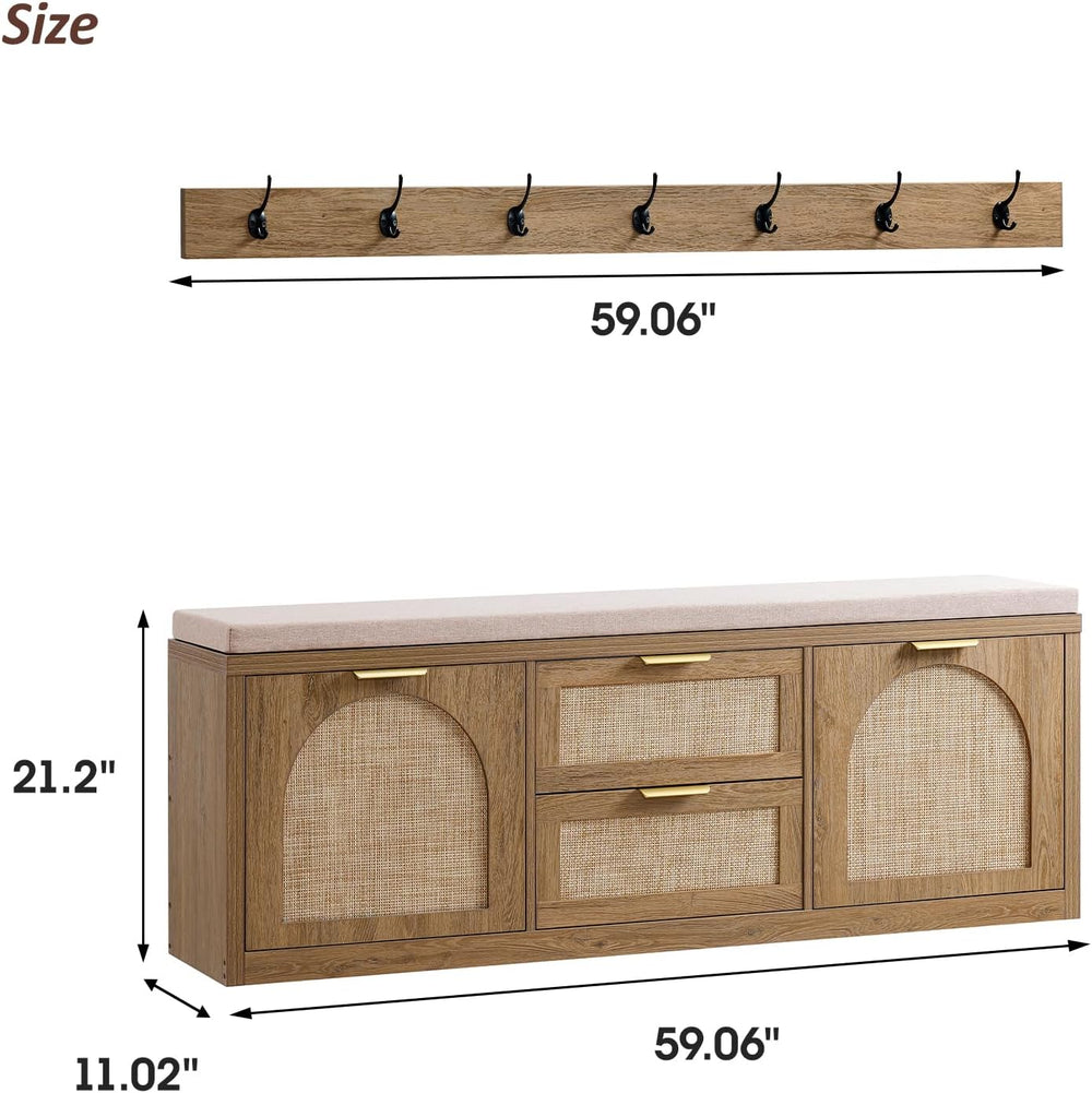 Rattan Narrow Entryway Bench with Shoe Storage, 4 Drawers & Coat Rack, Mi...